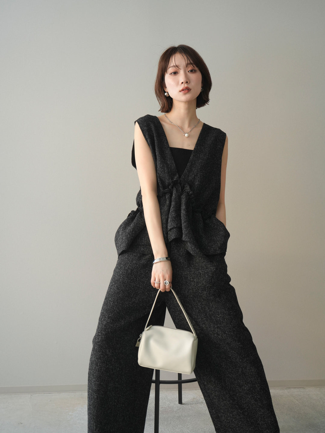 [SET]3WAYミックスツイードギャザーオールインワン+選べるアクセセット(2set)