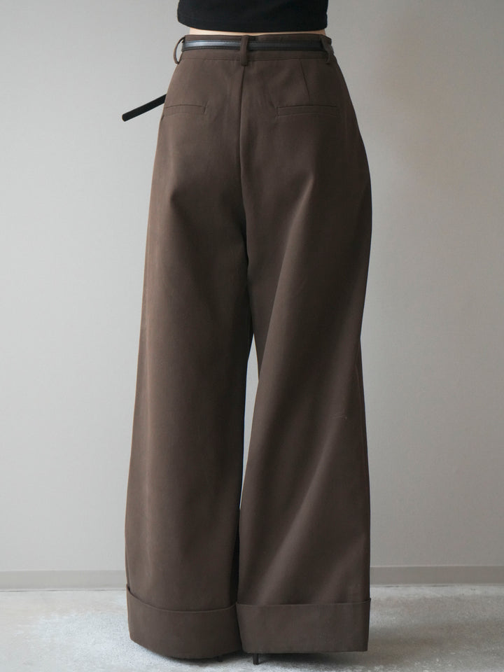 [予約]ベルト付き折り返しコットンツイルワイドパンツ/brown
