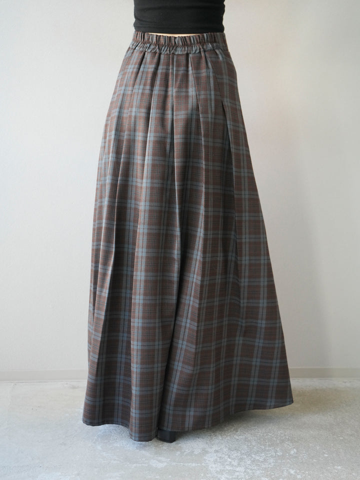 [予約]チェック柄タックフレアスカート/ブラウン