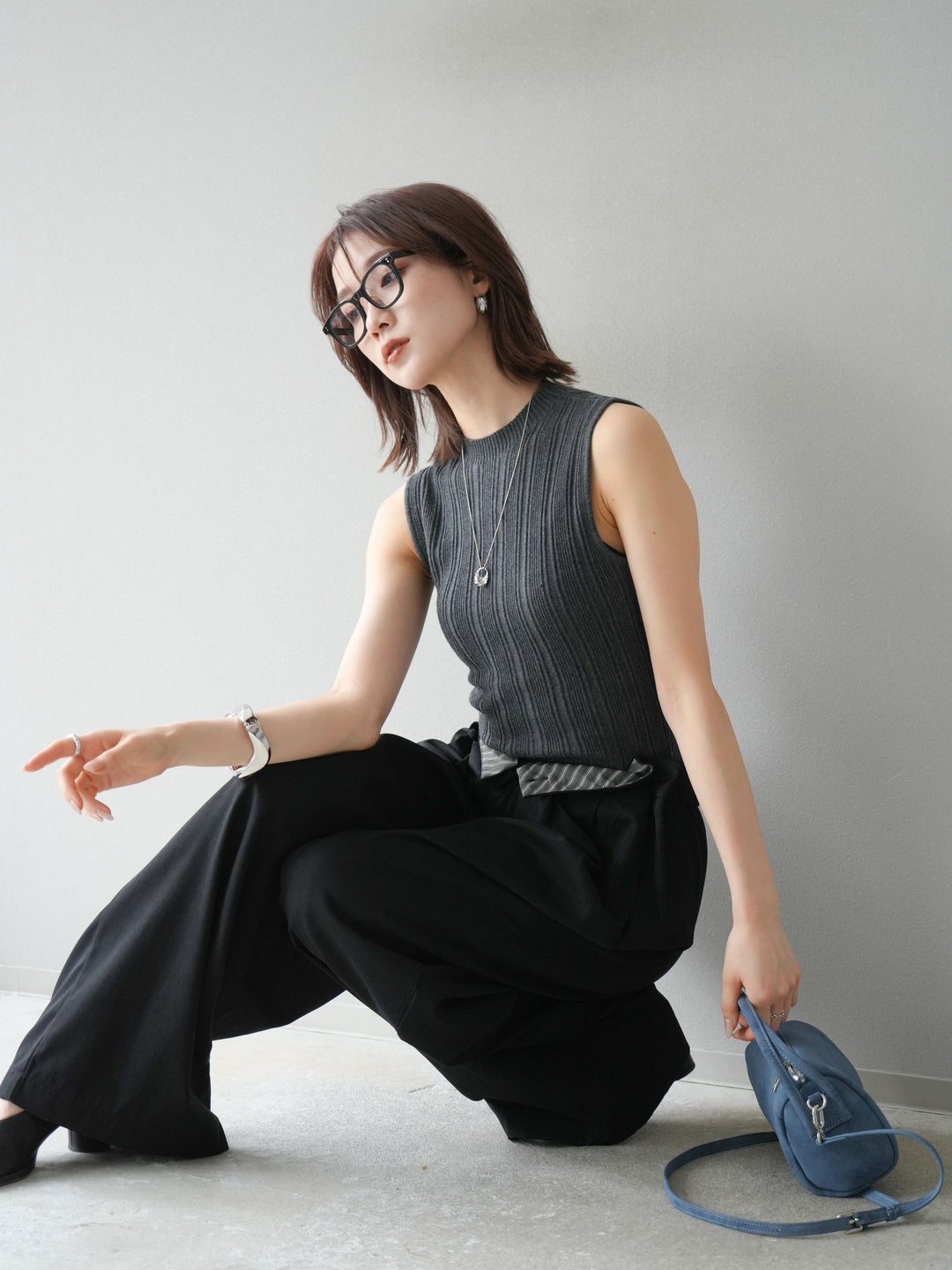 [予約]スリーブレスランダムリブニットトップス/グレー