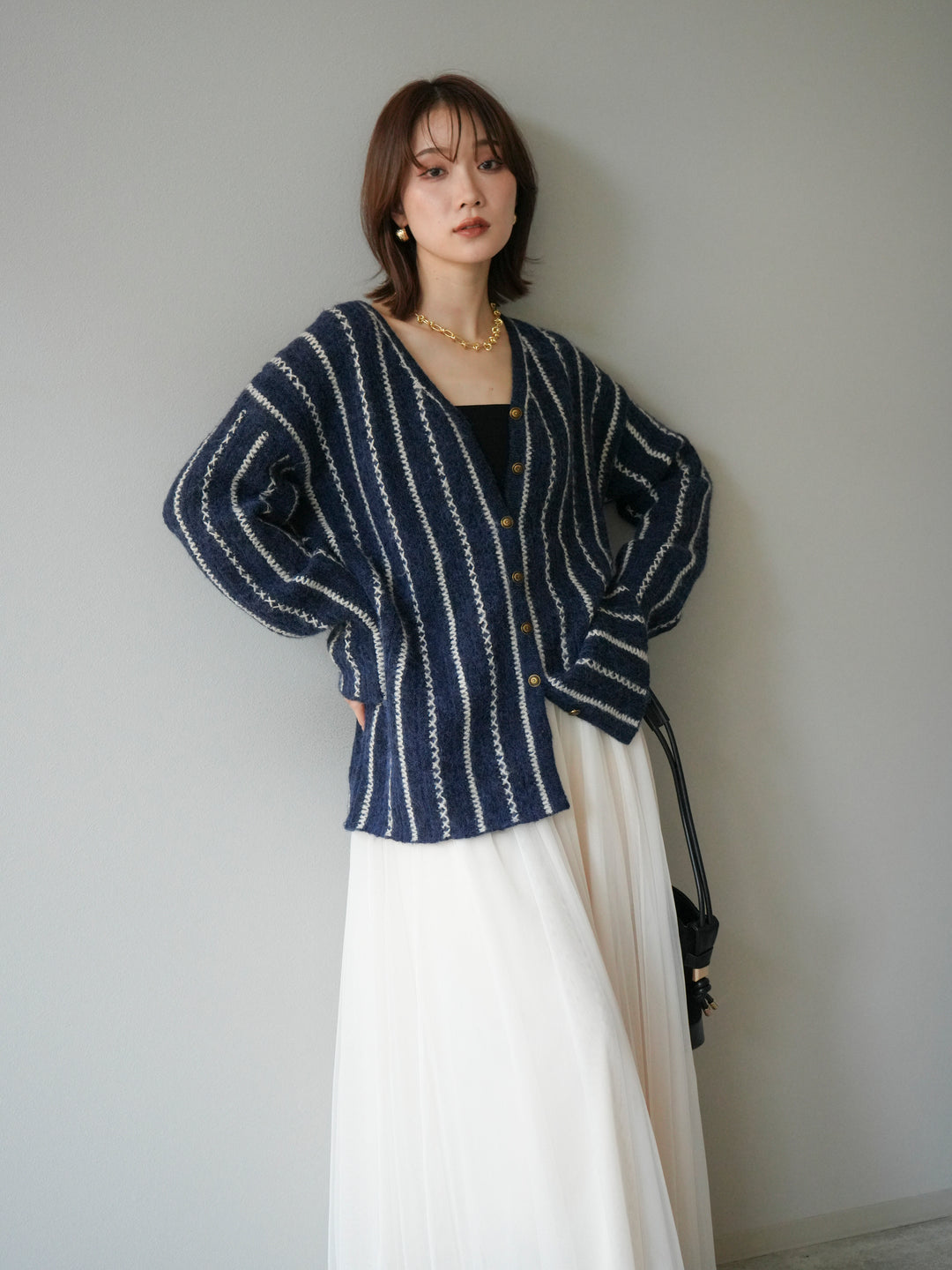 [予約]ストライプVネックニットカーディガン/ブルー