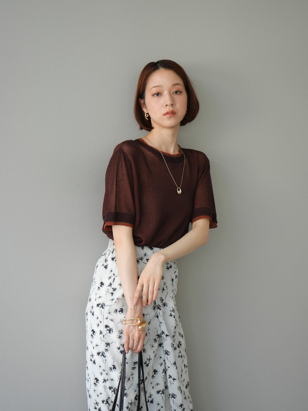 [SET]リネンタッチ配色二重臼ハーフニットトップス+選べるアソート柄スカートセット(2set)