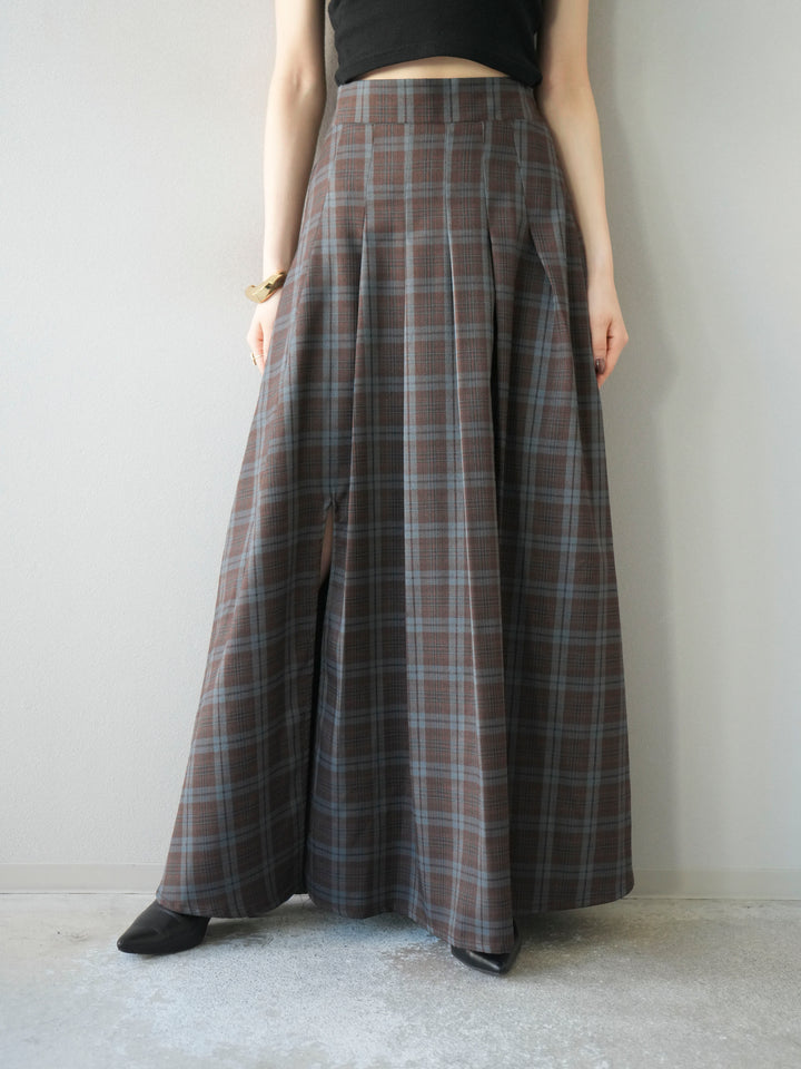 [予約]チェック柄タックフレアスカート/ブラウン