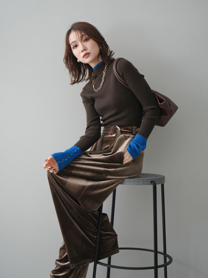 [予約]袖ボタンハイネック配色リブニットトップス/brown