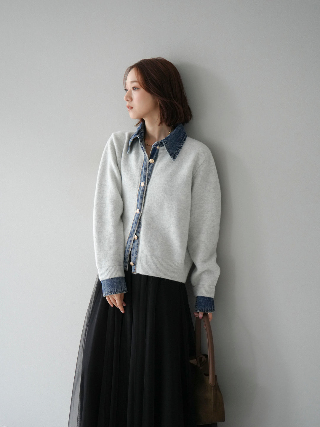 [予約]デニム襟ボタンニットカーディガン/オートミール