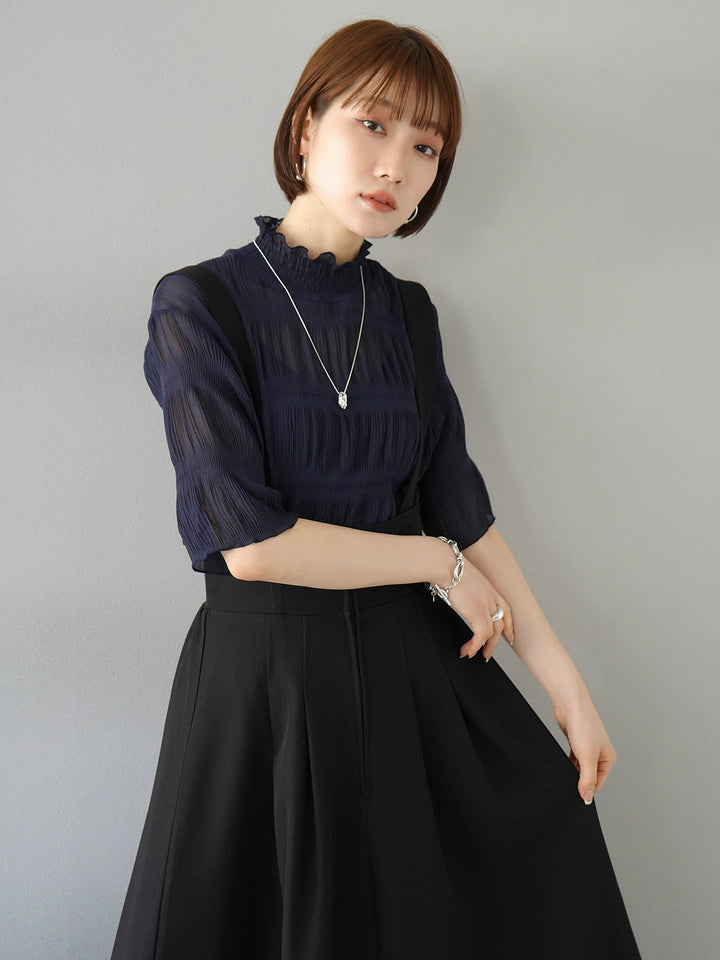 [SET] Shirring chiffon half sleeve blouse + 2WAY flare jumper skirt (2set)