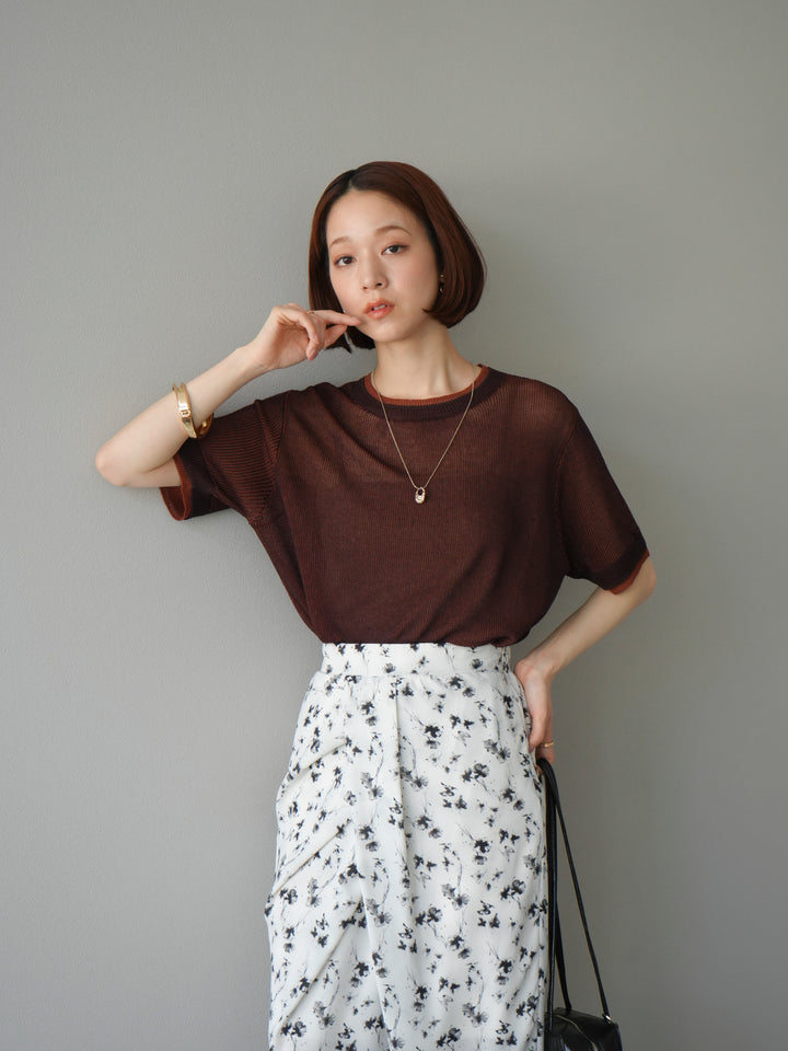 [SET]リネンタッチ配色二重臼ハーフニットトップス+選べるアソート柄スカートセット(2set)