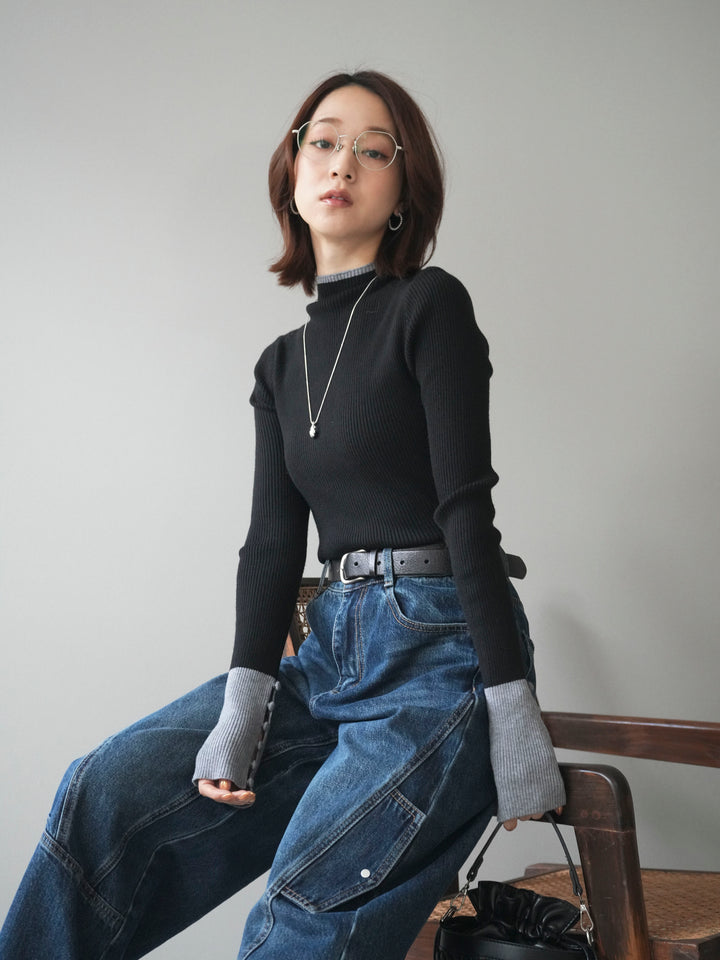 [予約]袖ボタンハイネック配色リブニットトップス/black