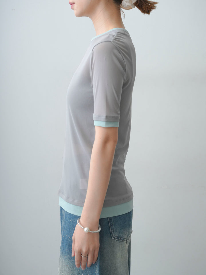 [予約]トリムレイヤードシアー半袖トップス/gray