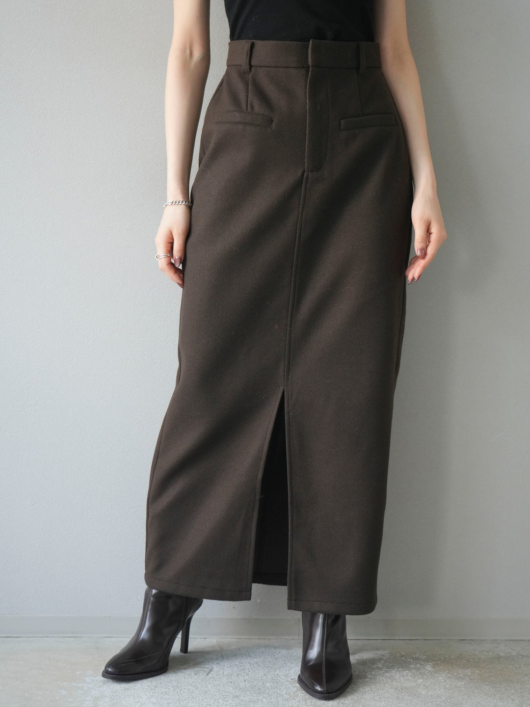 [予約]ウールタッチフロントスリットタイトスカート/brown