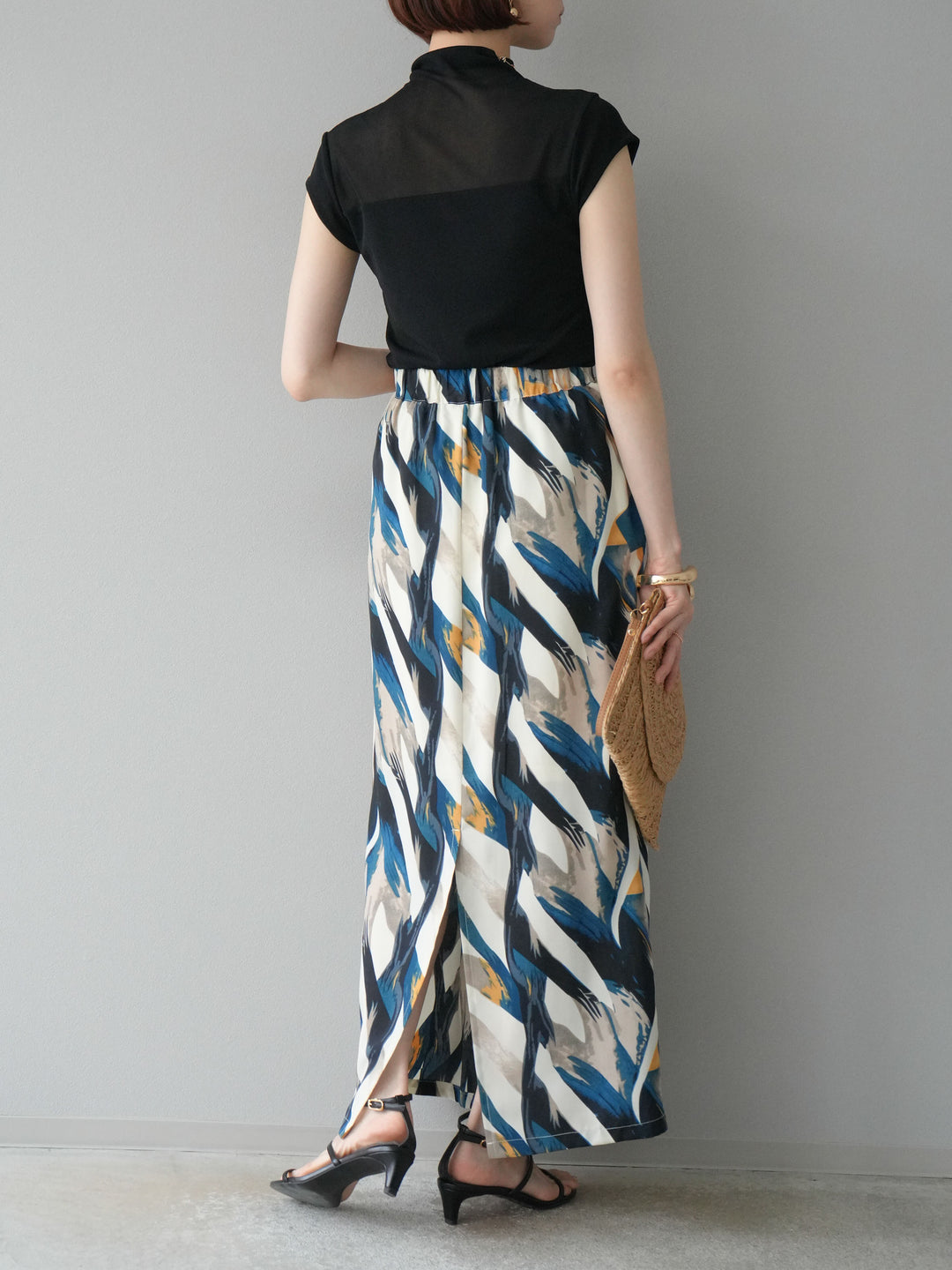 [預購] 度假風印花褶襉I字裙/藍色