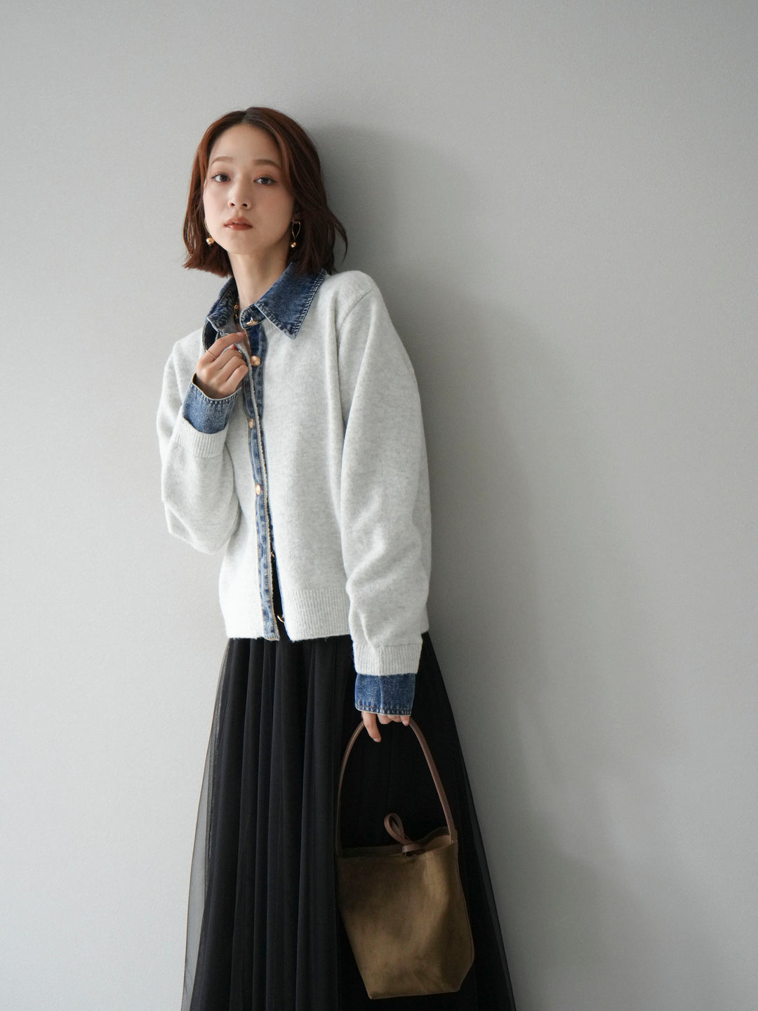 [予約]デニム襟ボタンニットカーディガン/オートミール