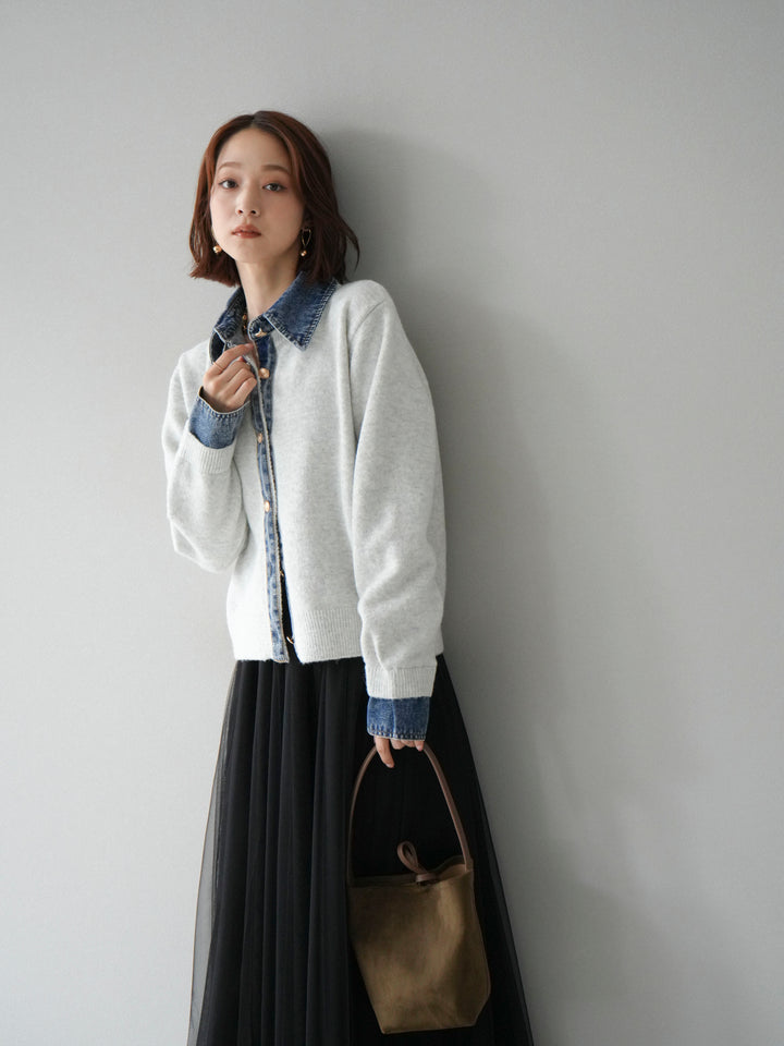 [予約]デニム襟ボタンニットカーディガン/オートミール