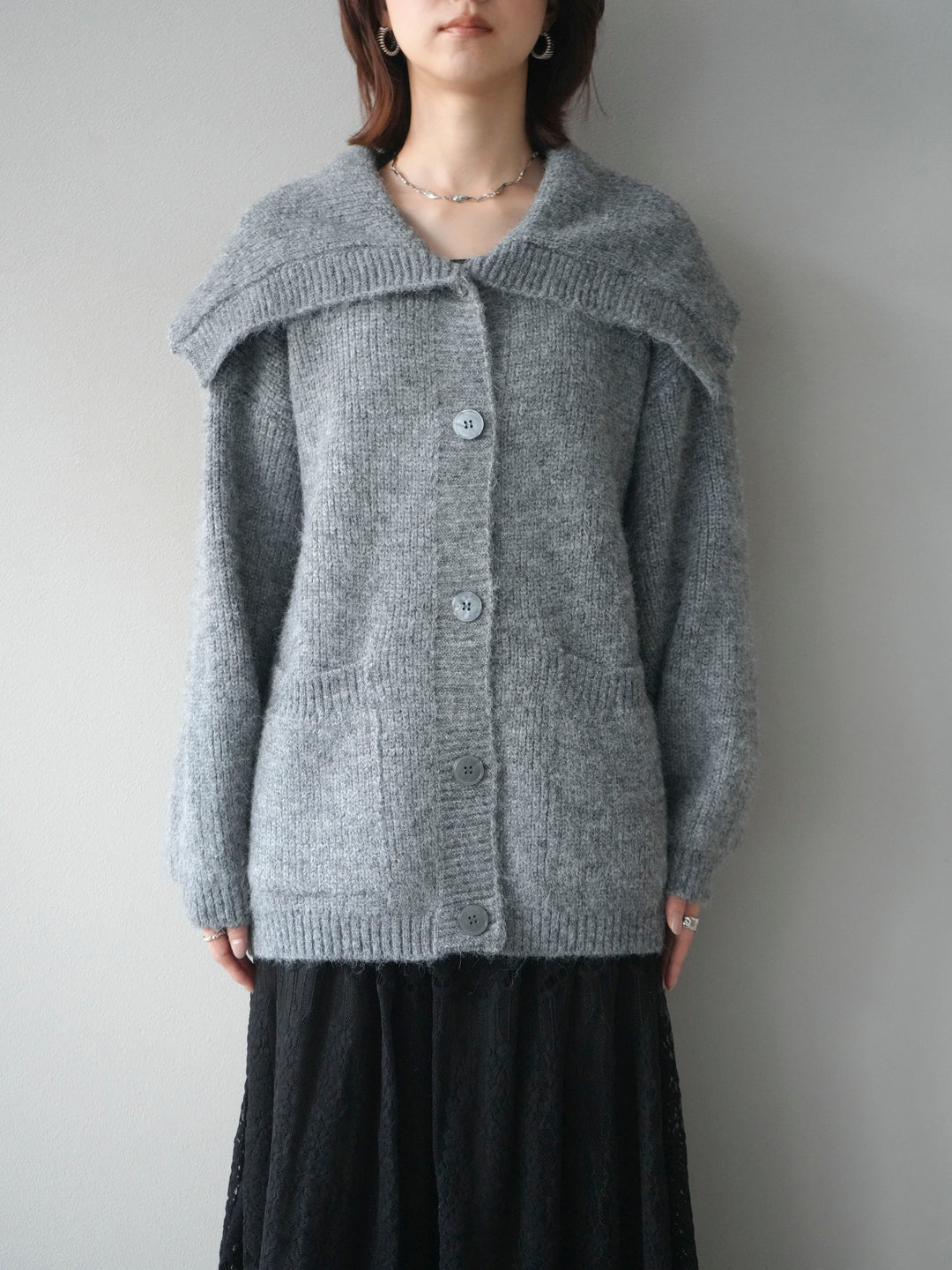 [予約]襟付きボタンオーバーニットカーディガン/gray
