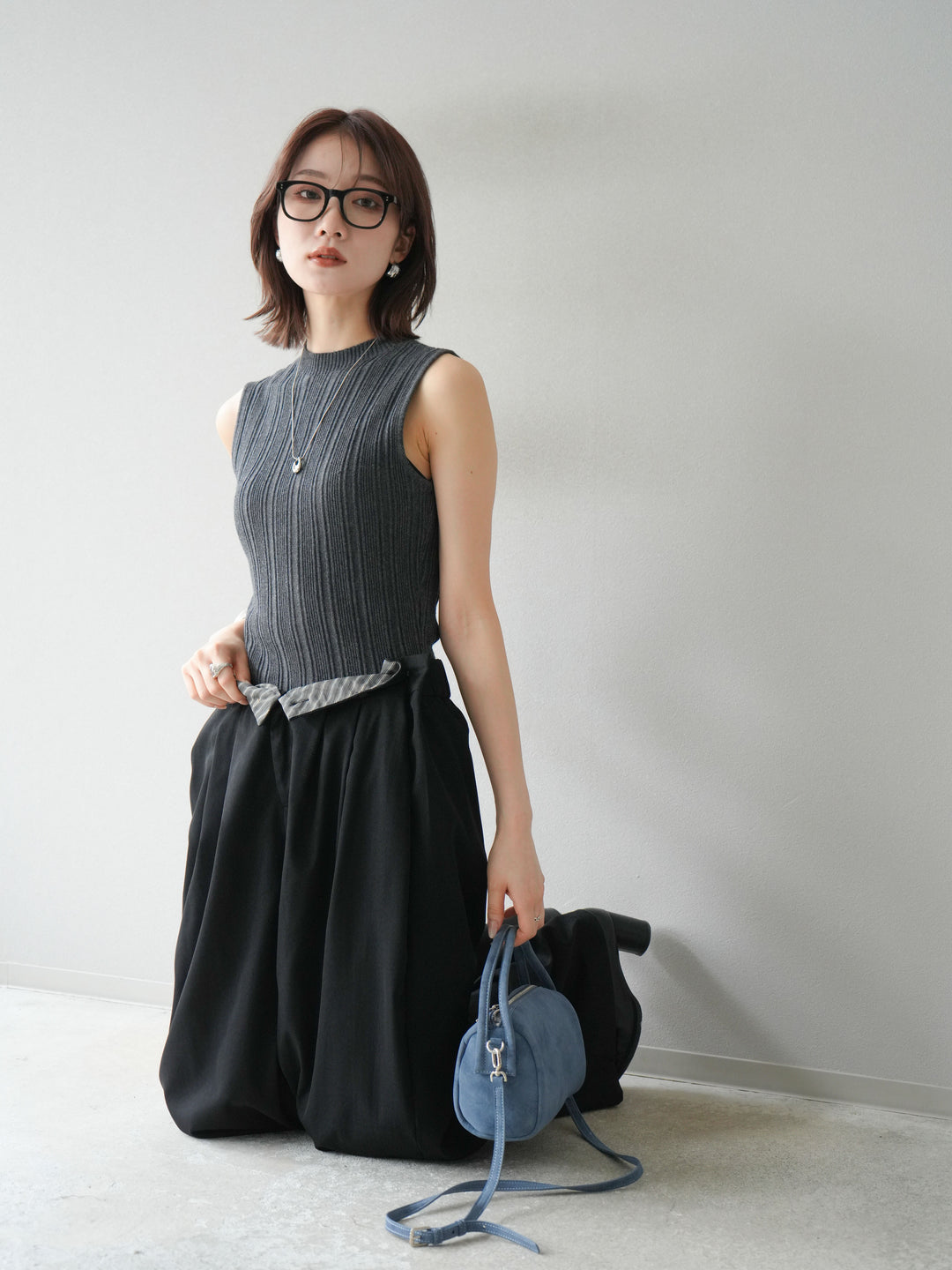 [予約]スリーブレスランダムリブニットトップス/グレー