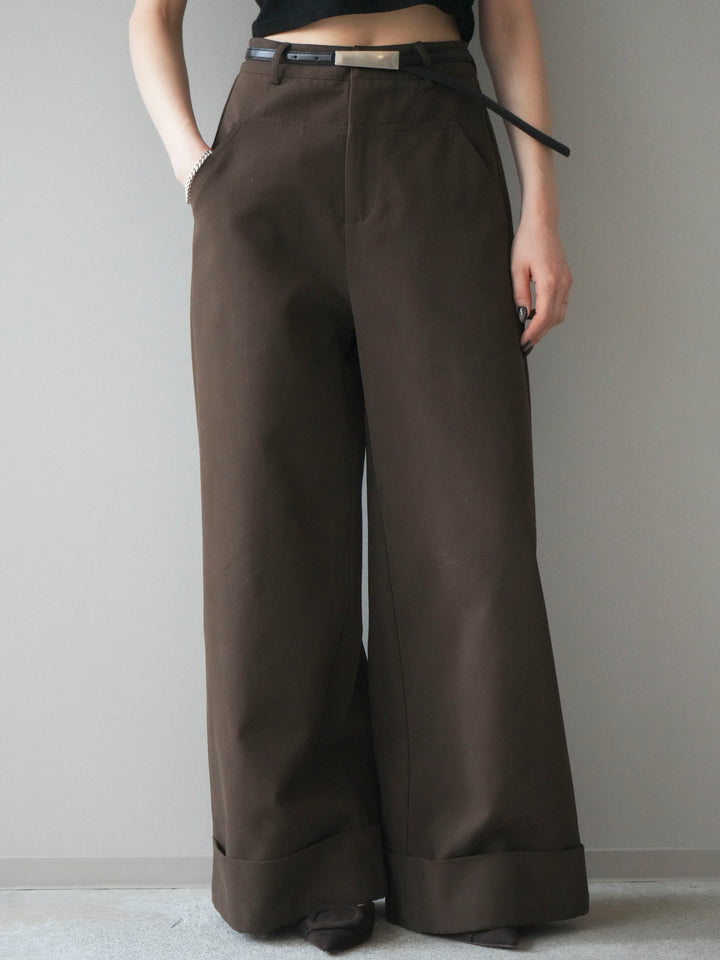 [予約]ベルト付き折り返しコットンツイルワイドパンツ/brown