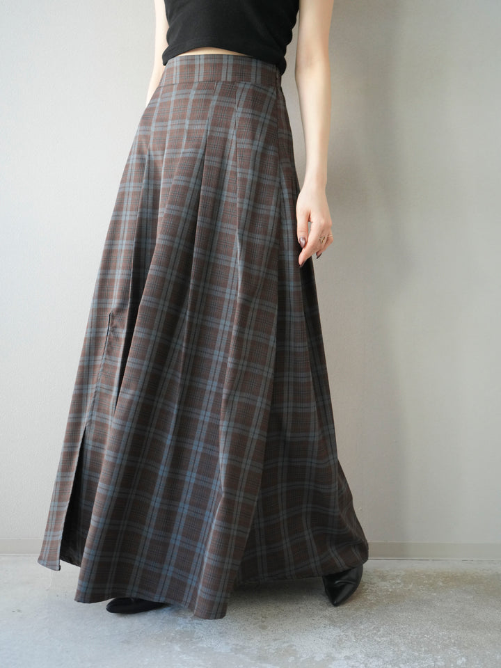 [予約]チェック柄タックフレアスカート/ブラウン