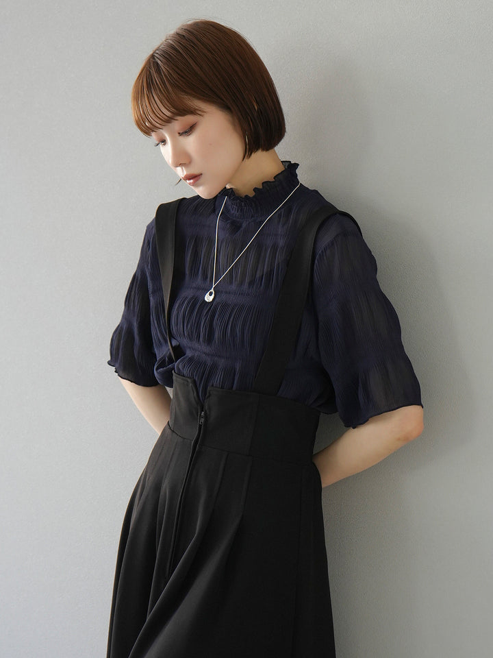 [SET] Shirring chiffon half sleeve blouse + 2WAY flare jumper skirt (2set)