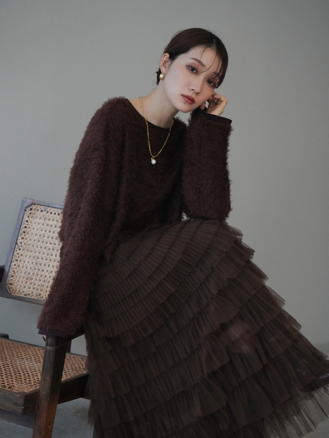 [予約]バイカラー2WAYシャギーニットカーディガン/brown