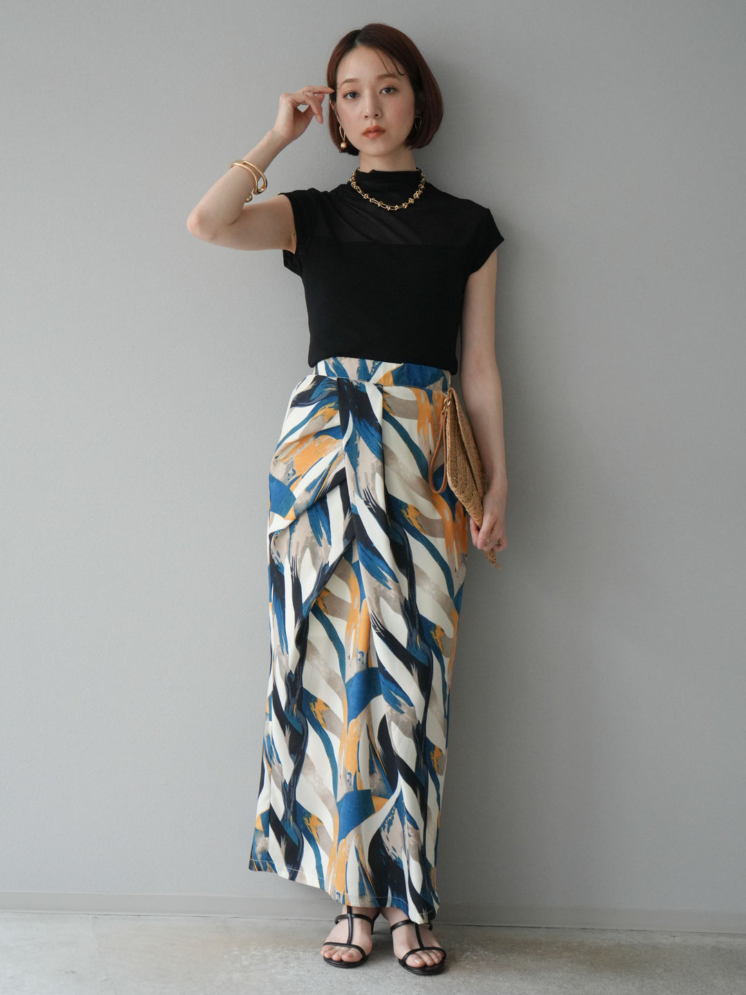 [預購] 度假風印花褶襉I字裙/藍色