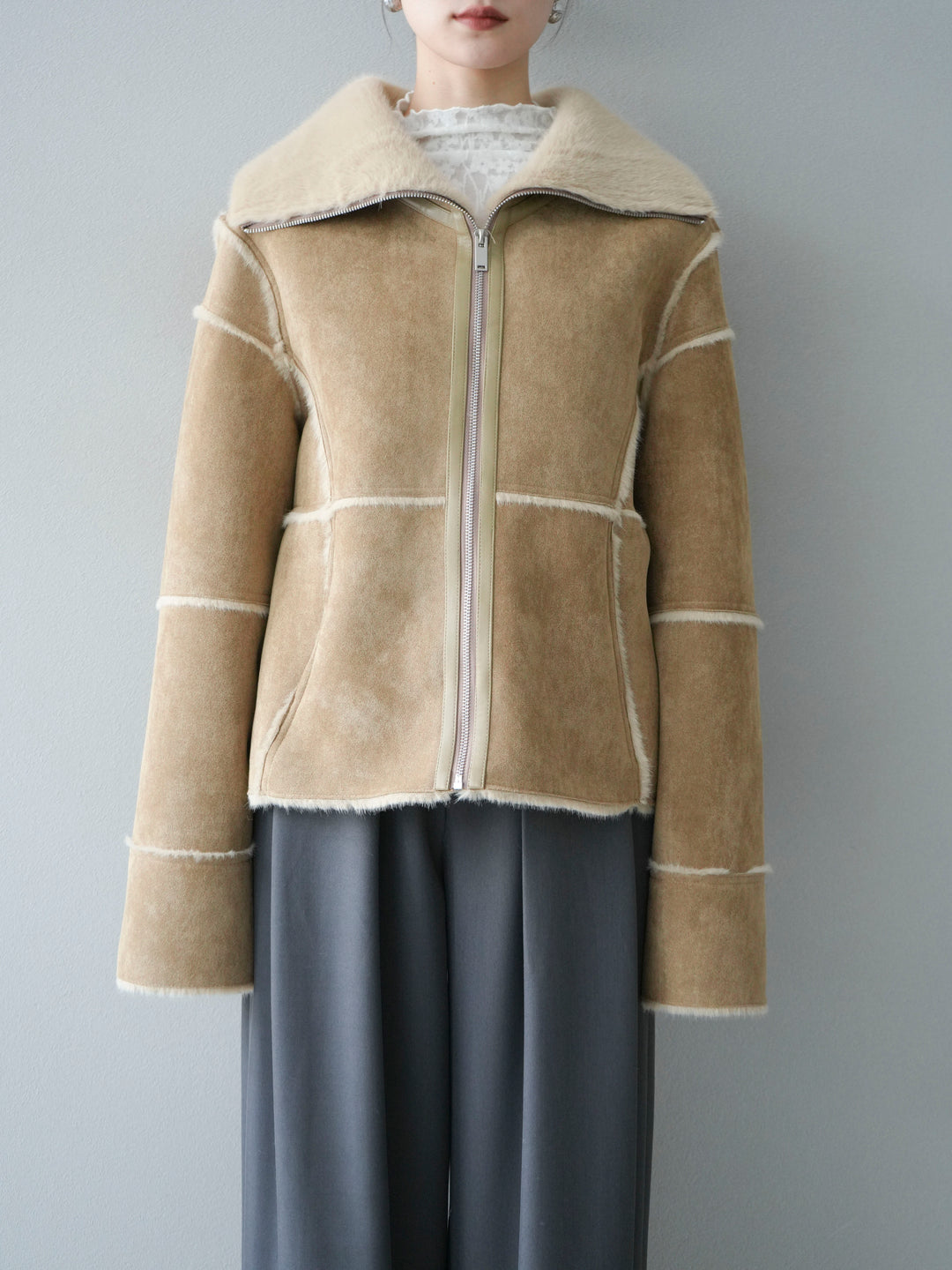 [予約]スタンドカラームートンZIPジャケット/beige