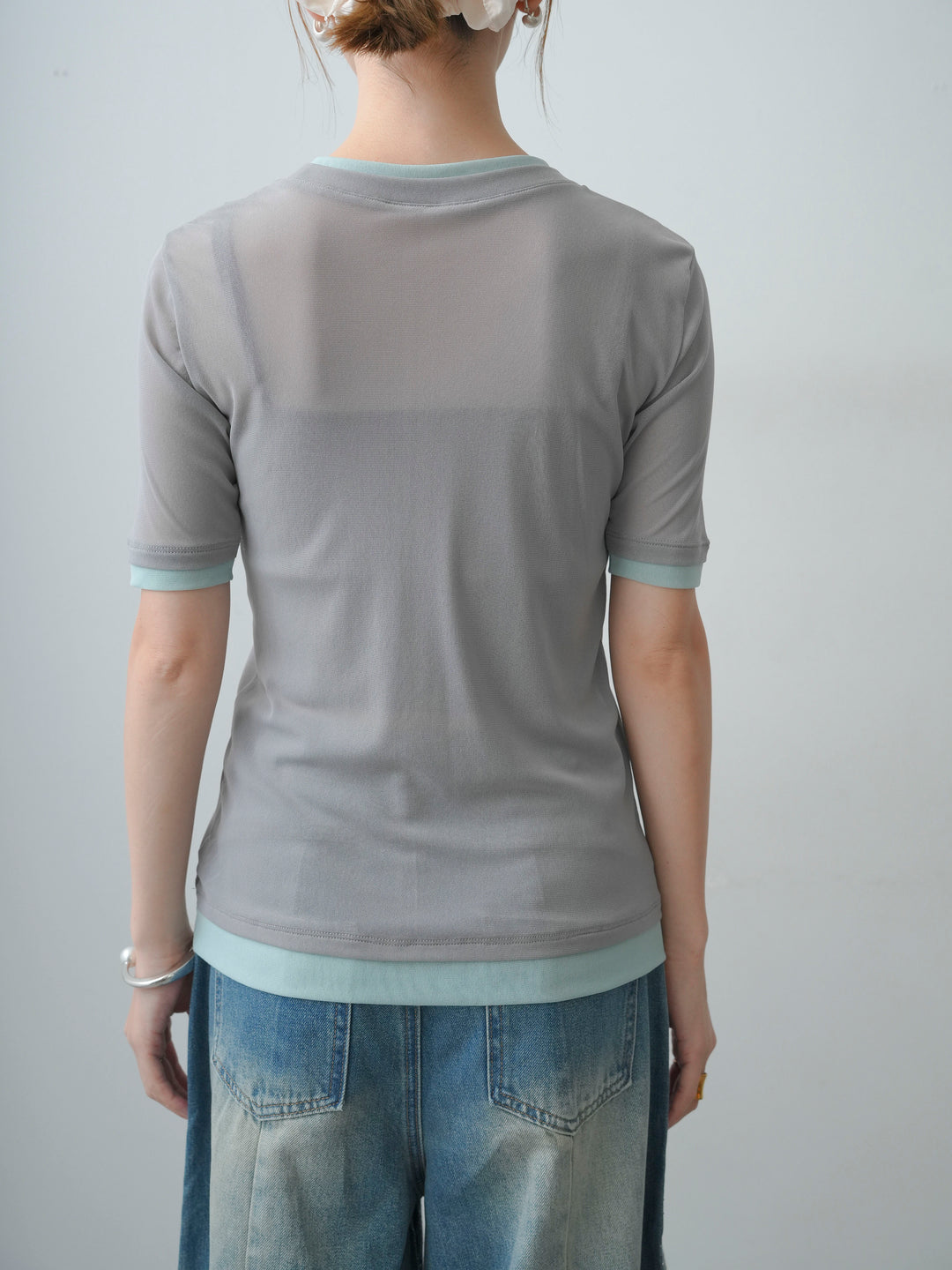 [予約]トリムレイヤードシアー半袖トップス/gray