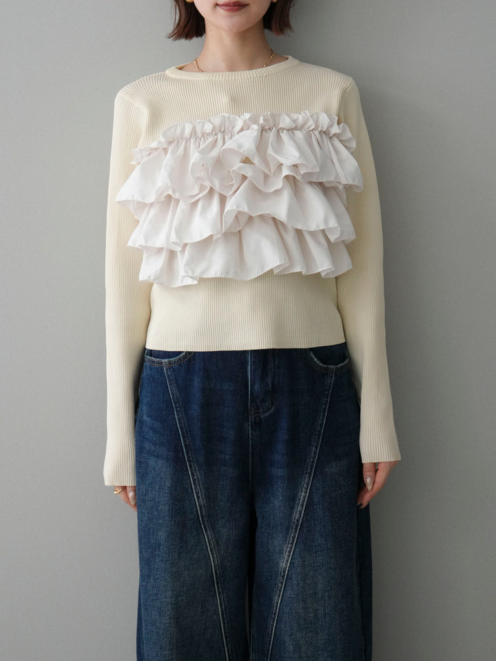 [予約]フリルビスチェドッキングスポンジニットプルオーバー/ivory