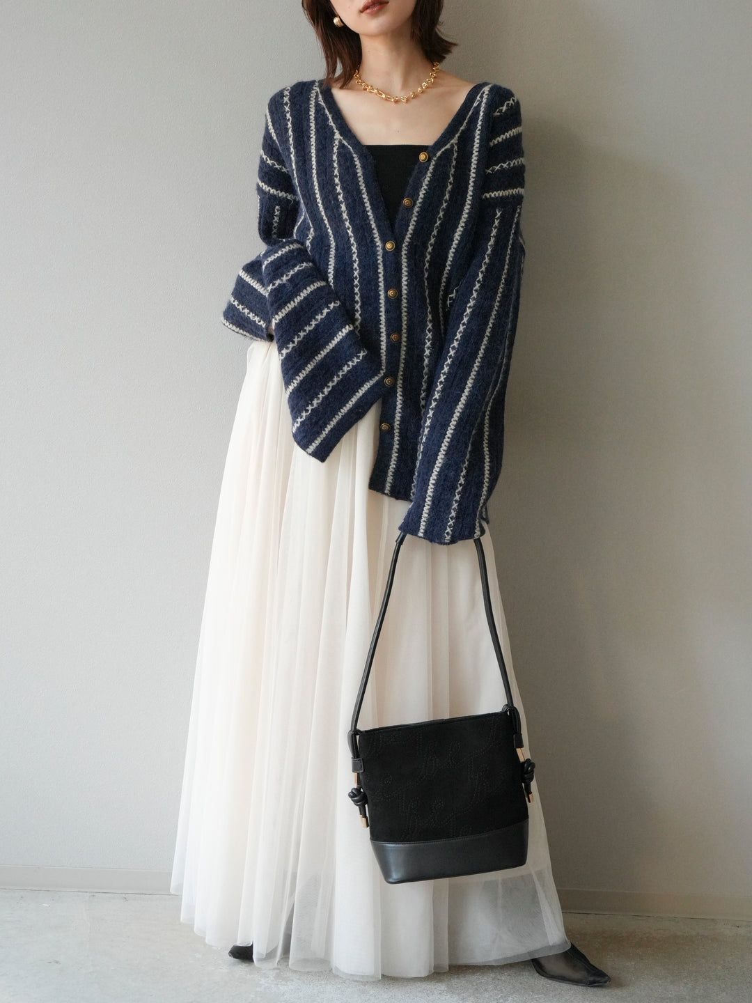 [予約]ストライプVネックニットカーディガン/ブルー