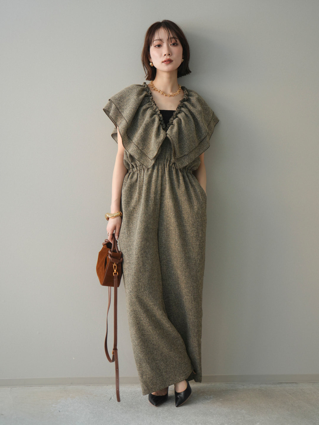 [SET]3WAYミックスツイードギャザーオールインワン+選べるアクセセット(2set)