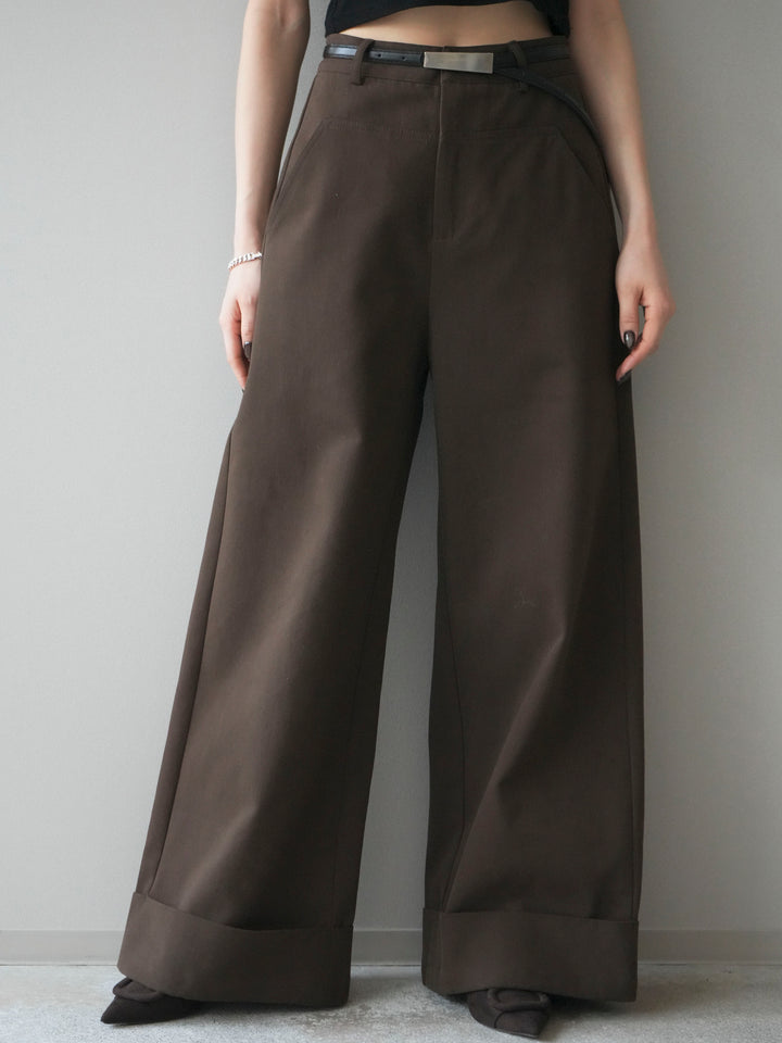 [予約]ベルト付き折り返しコットンツイルワイドパンツ/brown