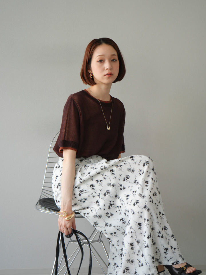 [SET]リネンタッチ配色二重臼ハーフニットトップス+選べるアソート柄スカートセット(2set)