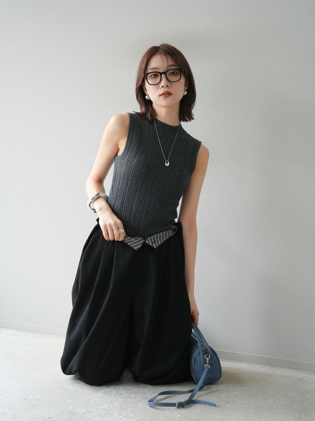 [予約]スリーブレスランダムリブニットトップス/グレー