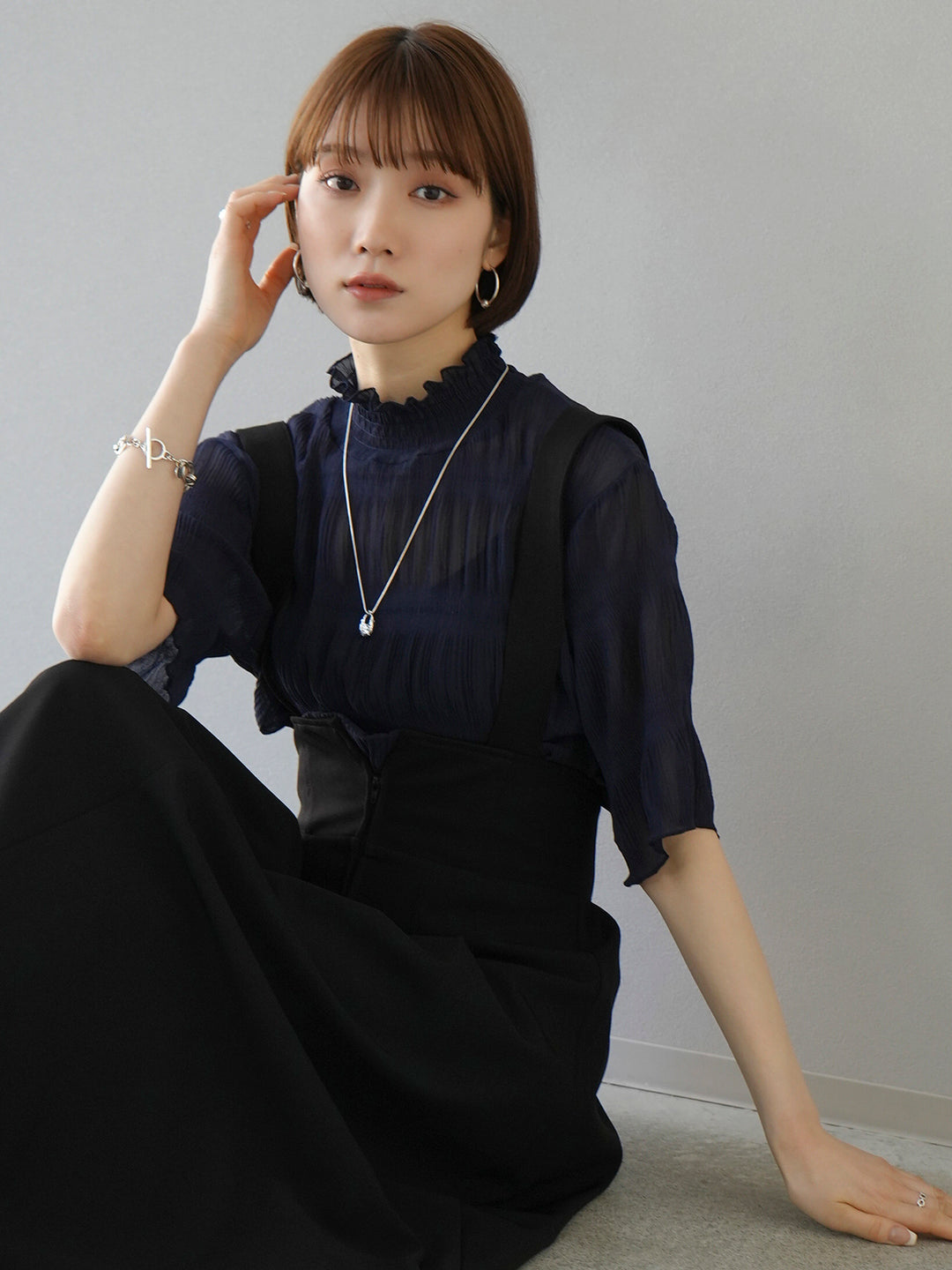 [SET] Shirring chiffon half sleeve blouse + 2WAY flare jumper skirt (2set)