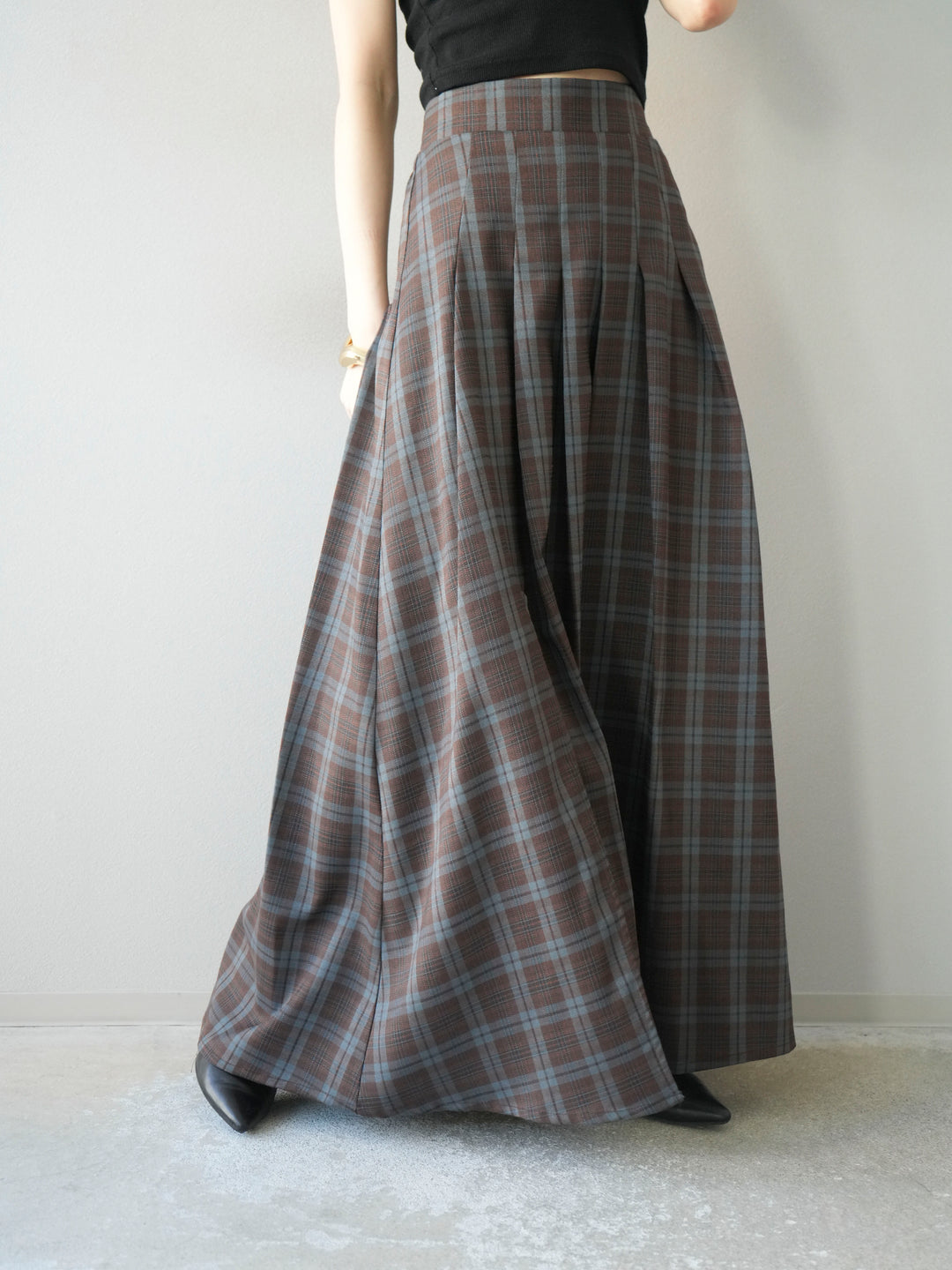 [予約]チェック柄タックフレアスカート/ブラウン