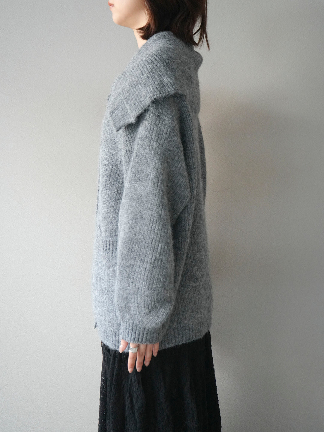 [予約]襟付きボタンオーバーニットカーディガン/gray