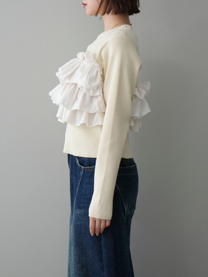 [予約]フリルビスチェドッキングスポンジニットプルオーバー/ivory