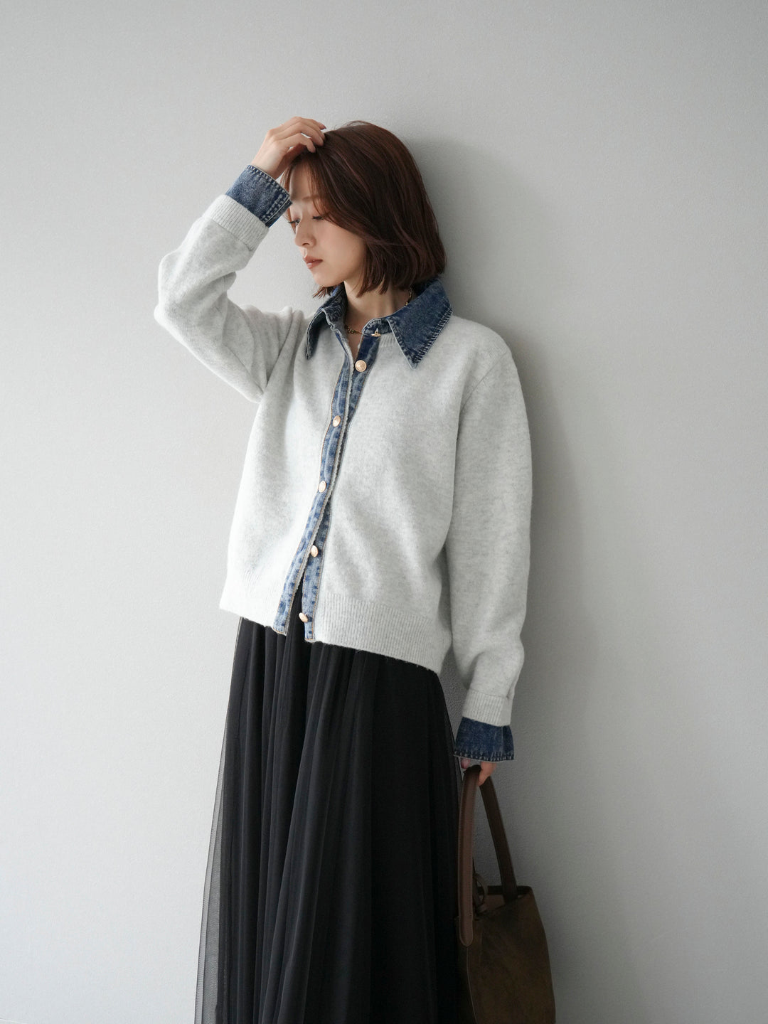 [予約]デニム襟ボタンニットカーディガン/オートミール
