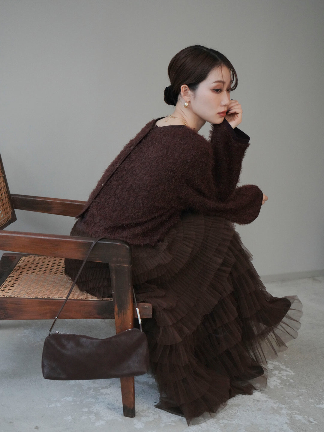 [予約]バイカラー2WAYシャギーニットカーディガン/brown