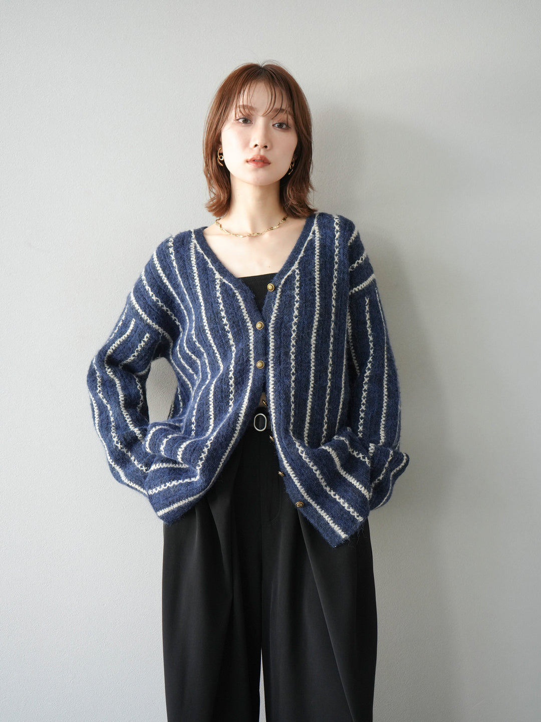[予約]ストライプVネックニットカーディガン/ブルー