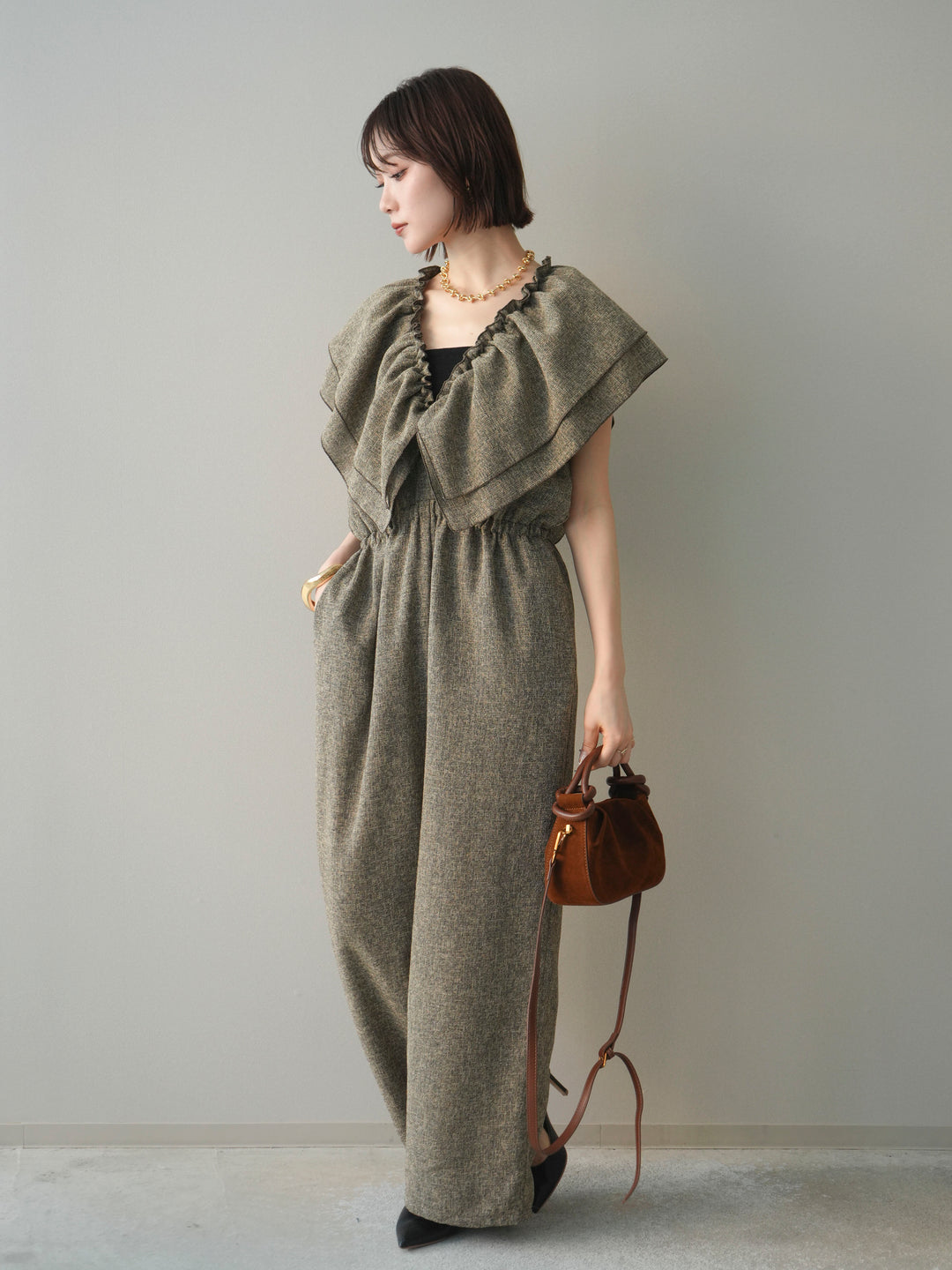 [SET]3WAYミックスツイードギャザーオールインワン+選べるアクセセット(2set)