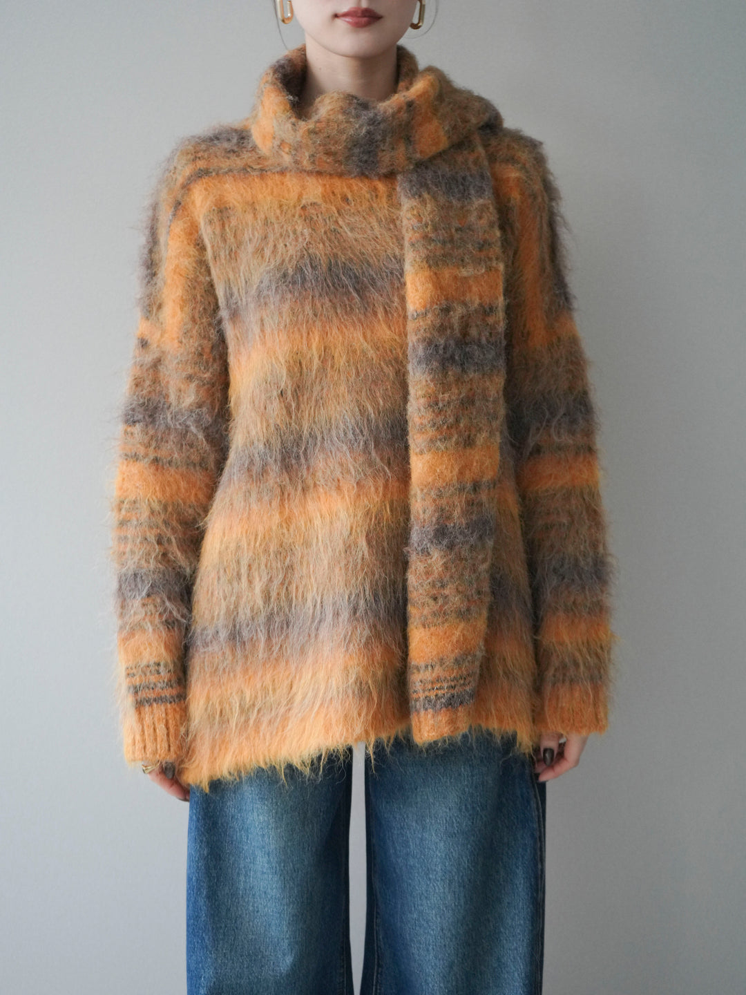 [予約]ストール付シャギーマルチボーダーニットプルオーバー/yellow