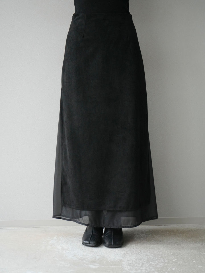 [予約]サイドスリットスウェードドッキングシフォンスカート/ブラック