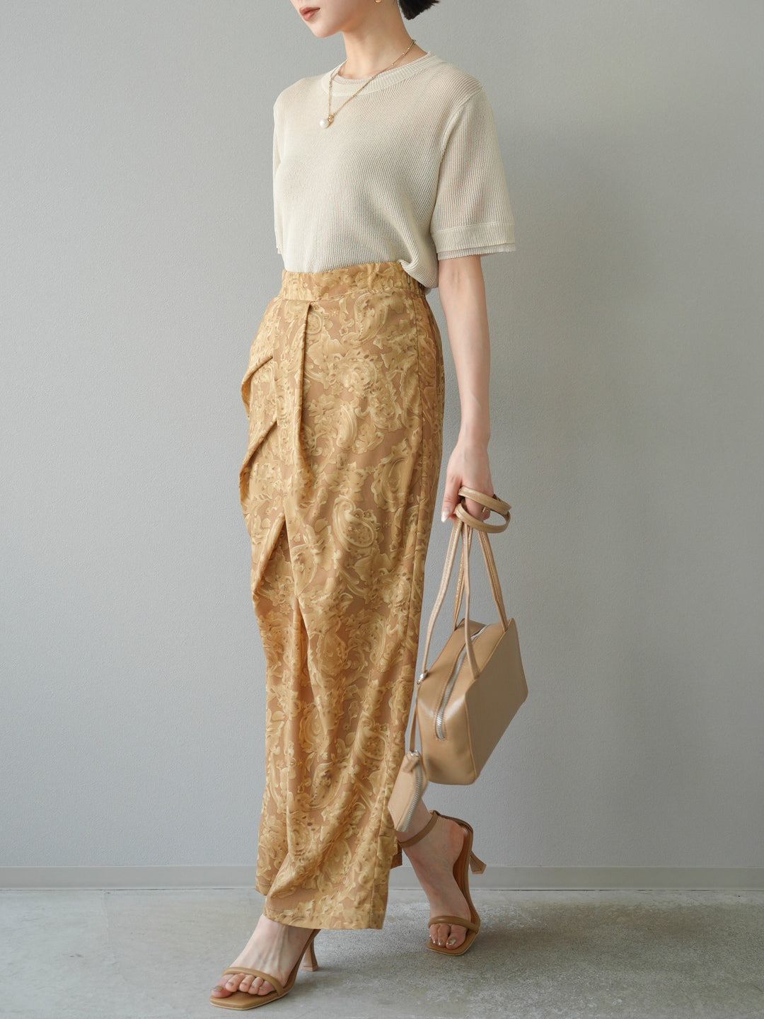 [SET]リネンタッチ配色二重臼ハーフニットトップス+選べるアソート柄スカートセット(2set)