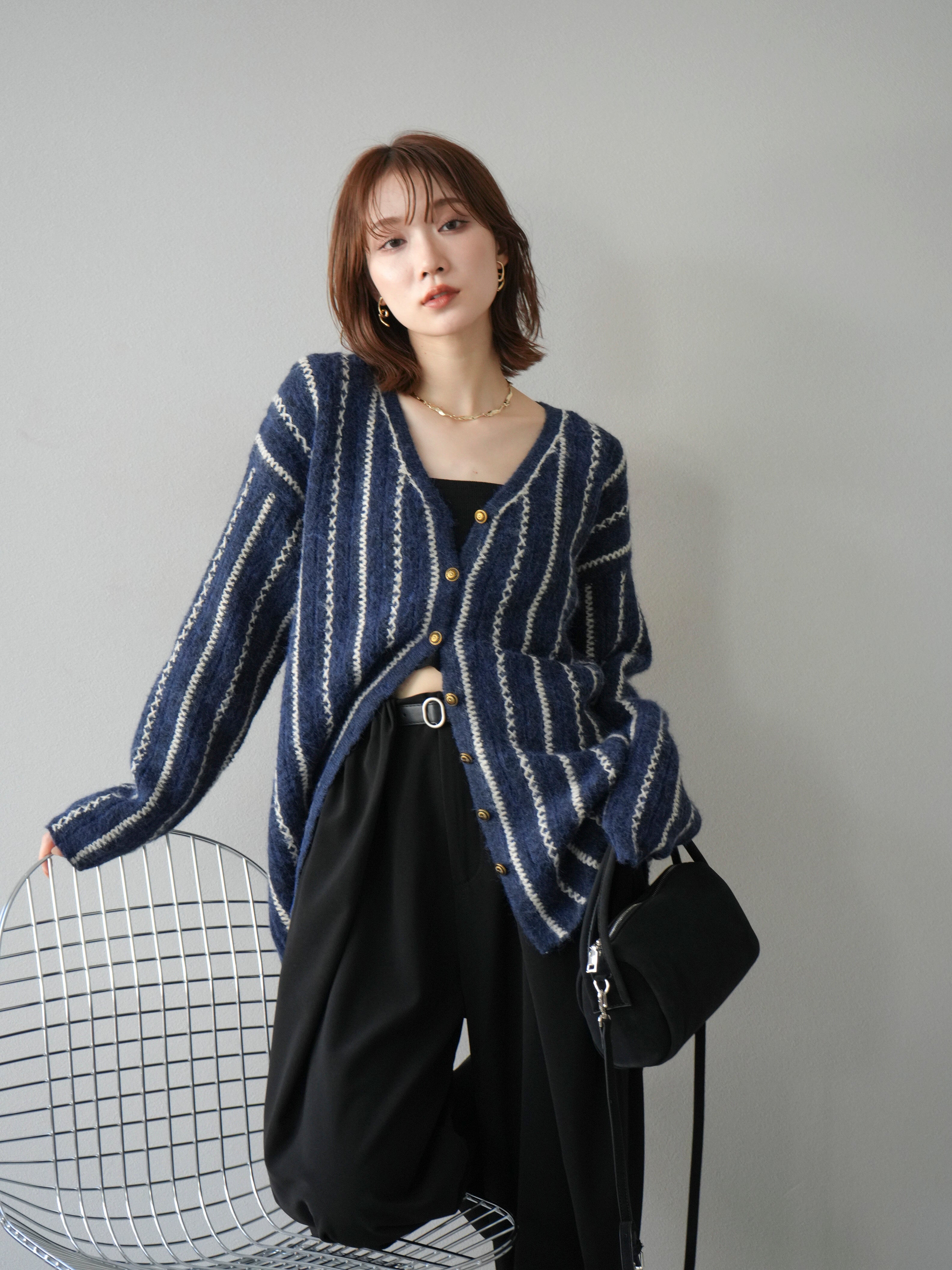 ストラスブルゴ　ロングカーディガン　ニット　コットン　Vネック　38　ネイビー 予約]ストライプVネックニットカーディガン/ブルー – Lumier