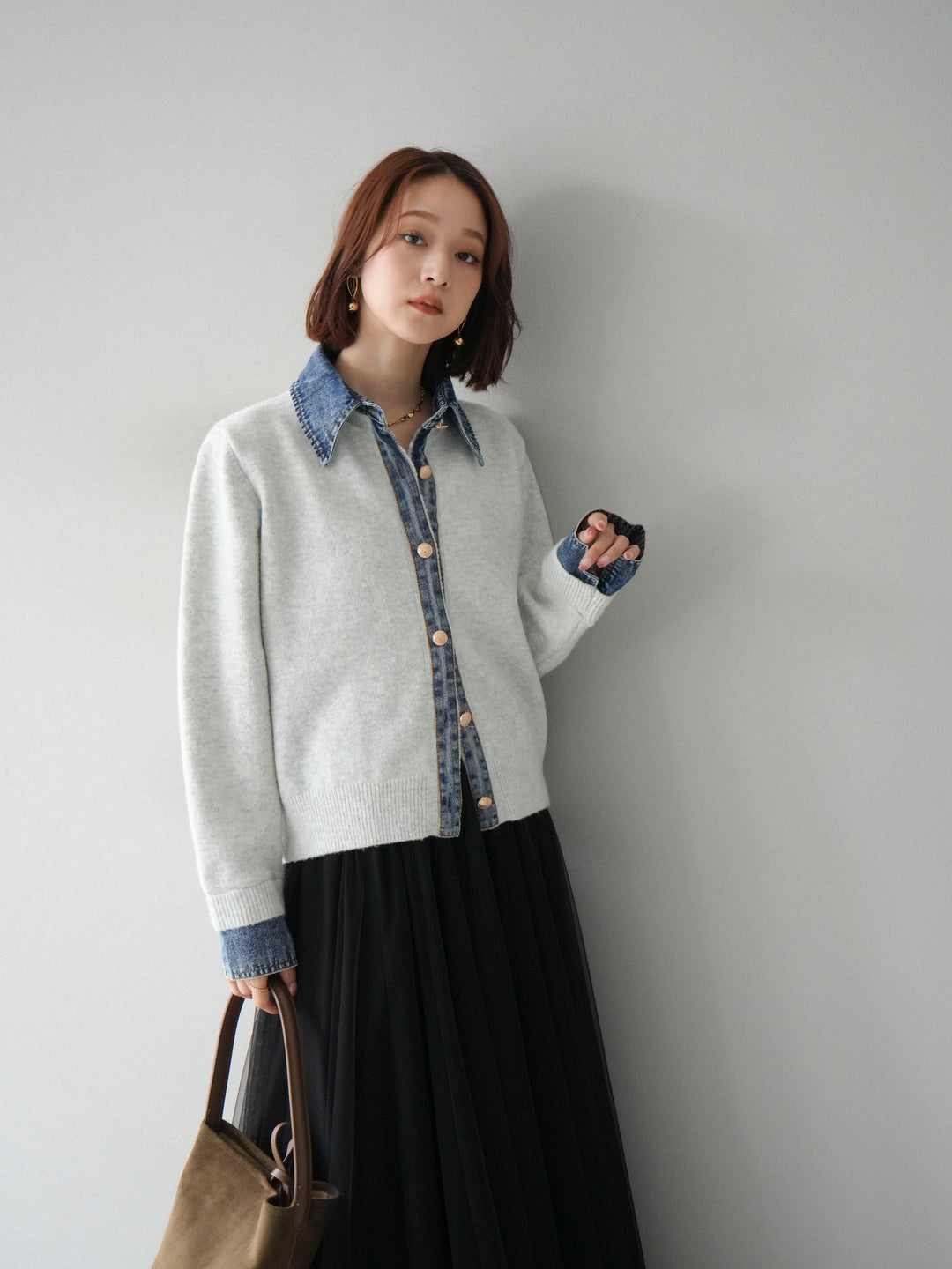 [予約]デニム襟ボタンニットカーディガン/オートミール