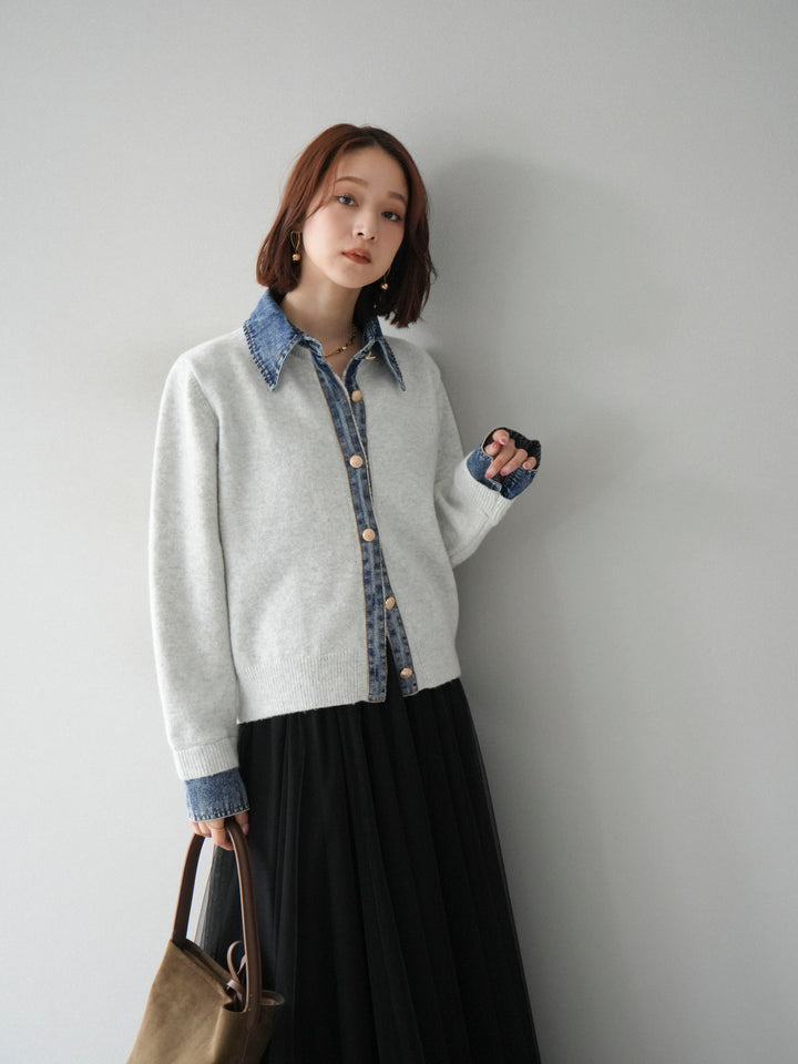 [予約]デニム襟ボタンニットカーディガン/オートミール