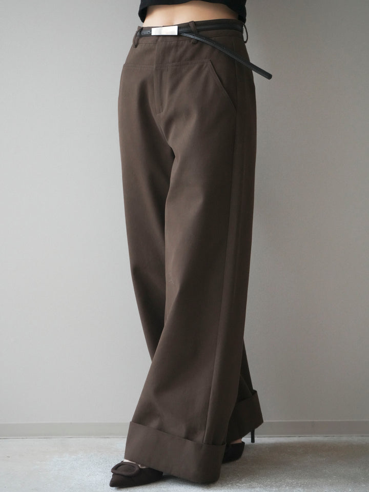 [予約]ベルト付き折り返しコットンツイルワイドパンツ/brown