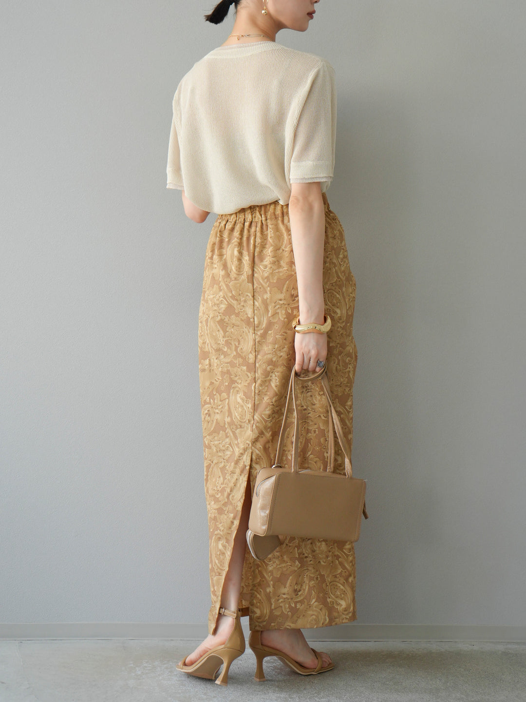 [SET]リネンタッチ配色二重臼ハーフニットトップス+選べるアソート柄スカートセット(2set)