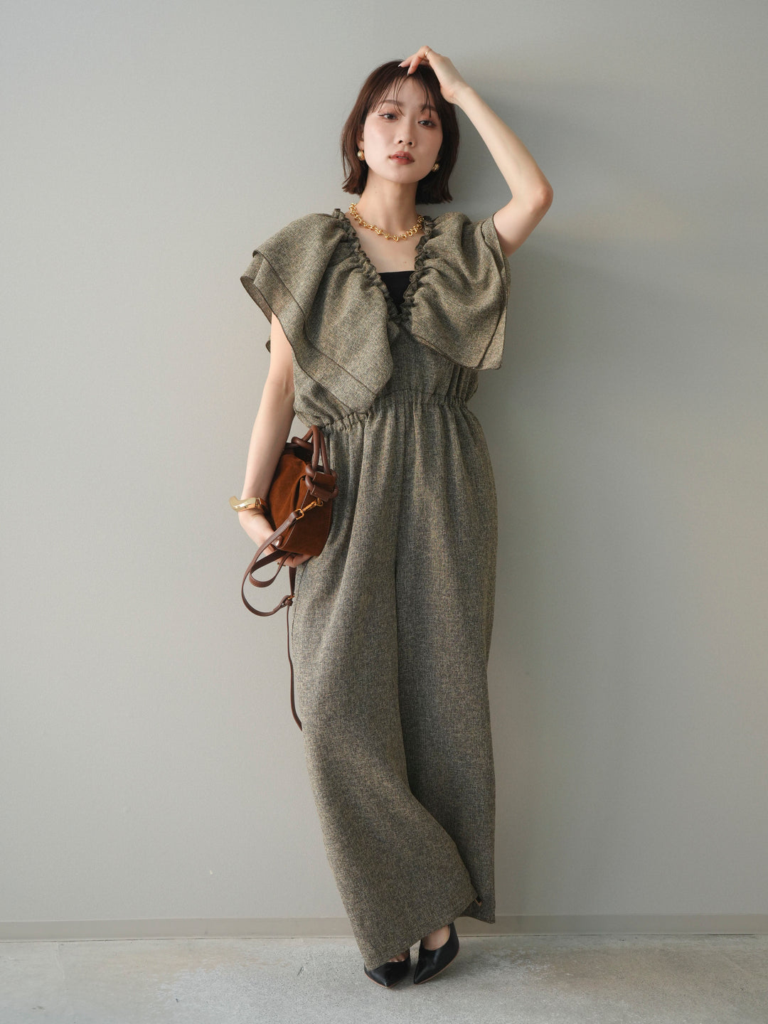 [SET]3WAYミックスツイードギャザーオールインワン+選べるアクセセット(2set)