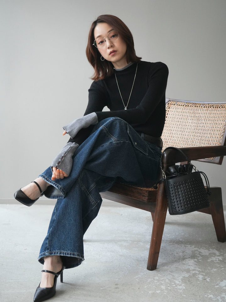 [予約]袖ボタンハイネック配色リブニットトップス/black